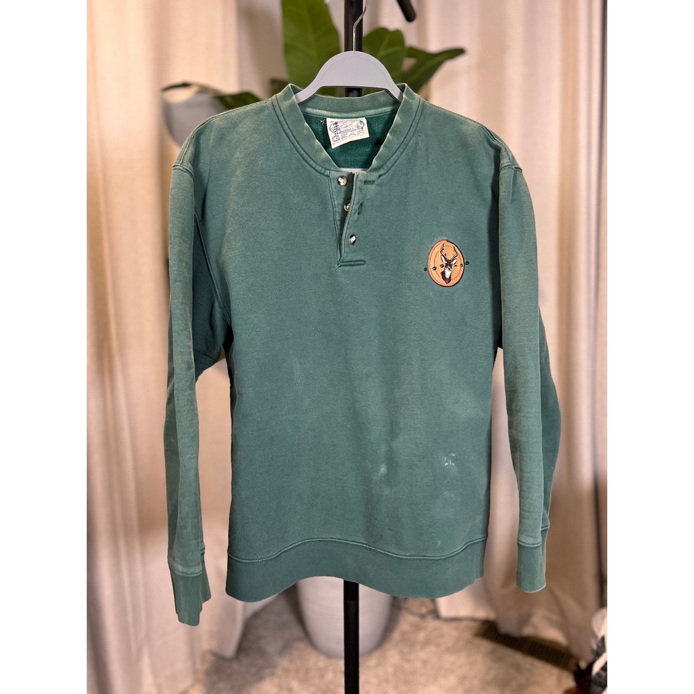 Outdoor Gear Mens Green Henley Sweatshirt Embroidered Buck Deer Hunting Medium